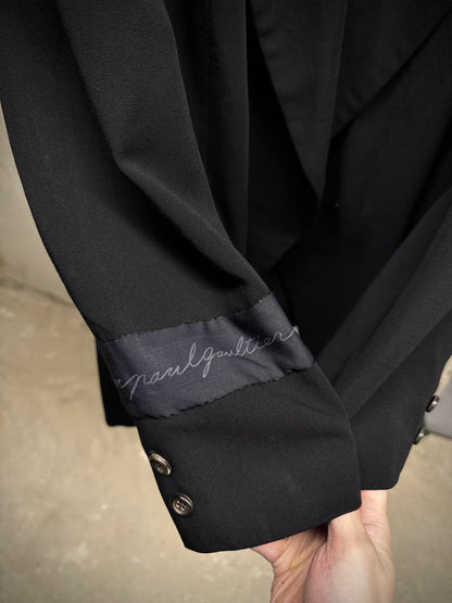 COMME des GARÇONS Late 80s 'Jean Paul Gaultier' Woven Tag Asymmetric Open-front Blazer detail | DRIEW GARMENTS