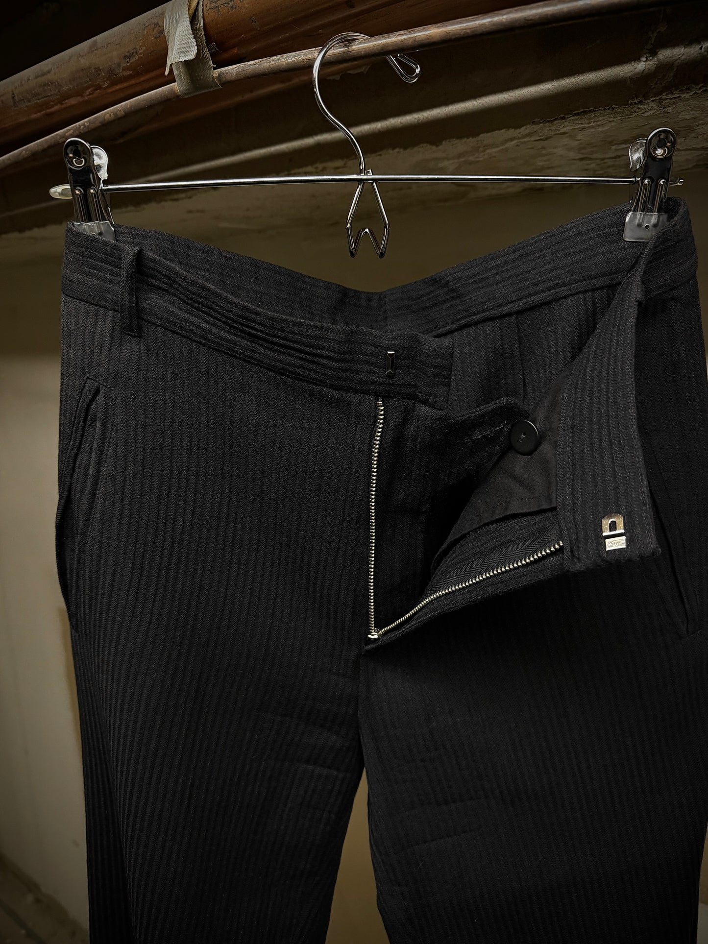 Ann Demeulemeester 90s Striped Wool Drawstring Hem Flare Pants detail | DRIEW GARMENTS