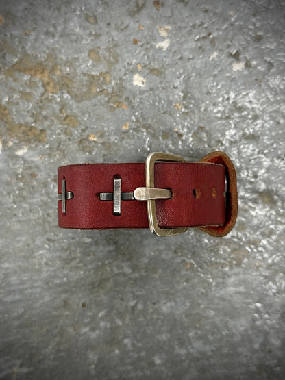 m.a+ by Maurizio Amadei 'AB14' GR 3.0 .925 Silver Cross Red Cow Leather Wide Wristband detail | DRIEW GARMENTS