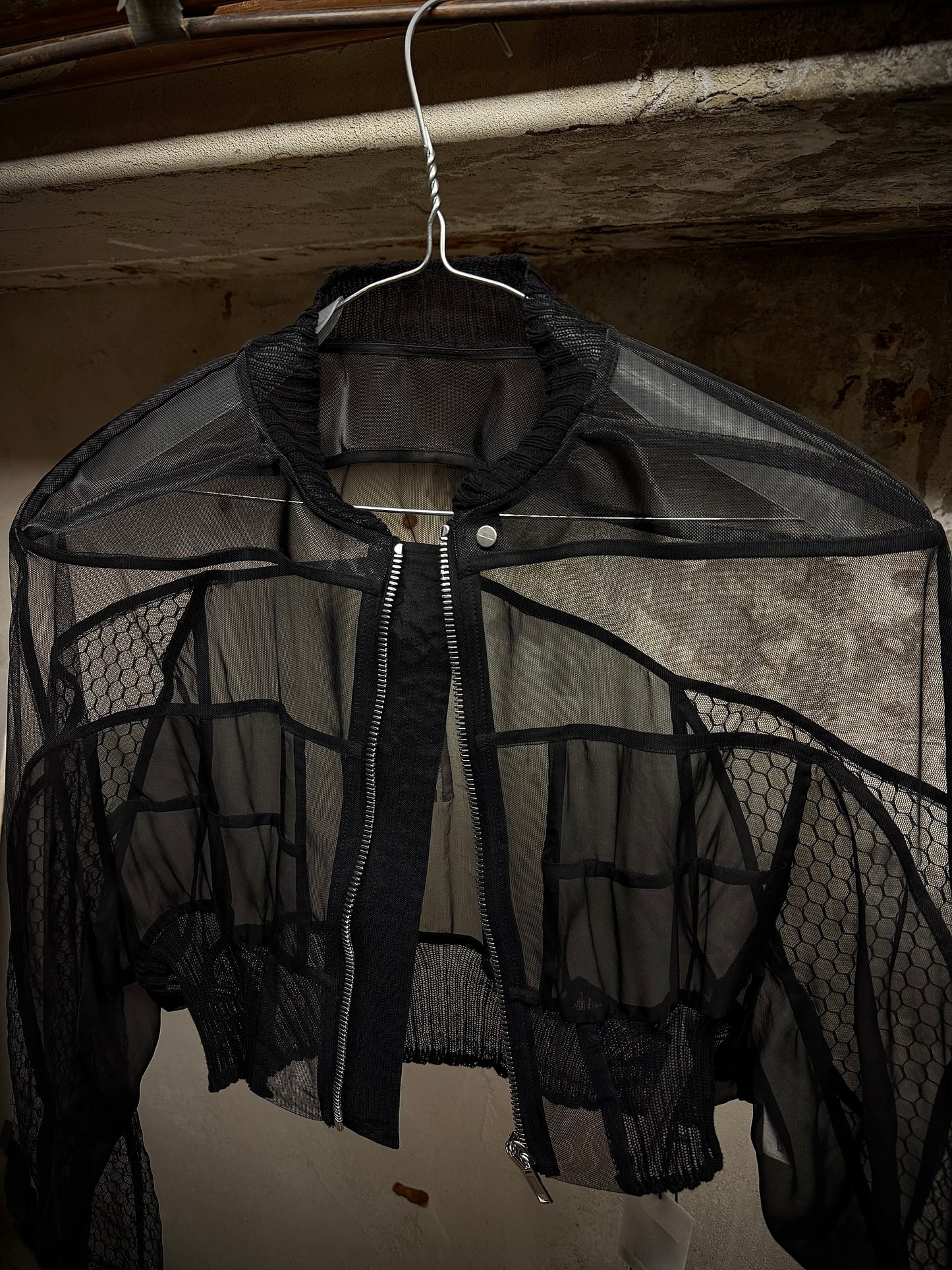 Rick Owens SS23 "EDFU" Silk-trimmed Sheer Collage Bomber Jacket detail | DRIEW GARMENTS