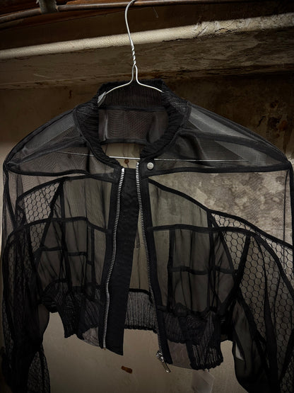 Rick Owens SS23 "EDFU" Silk-trimmed Sheer Collage Bomber Jacket detail | DRIEW GARMENTS