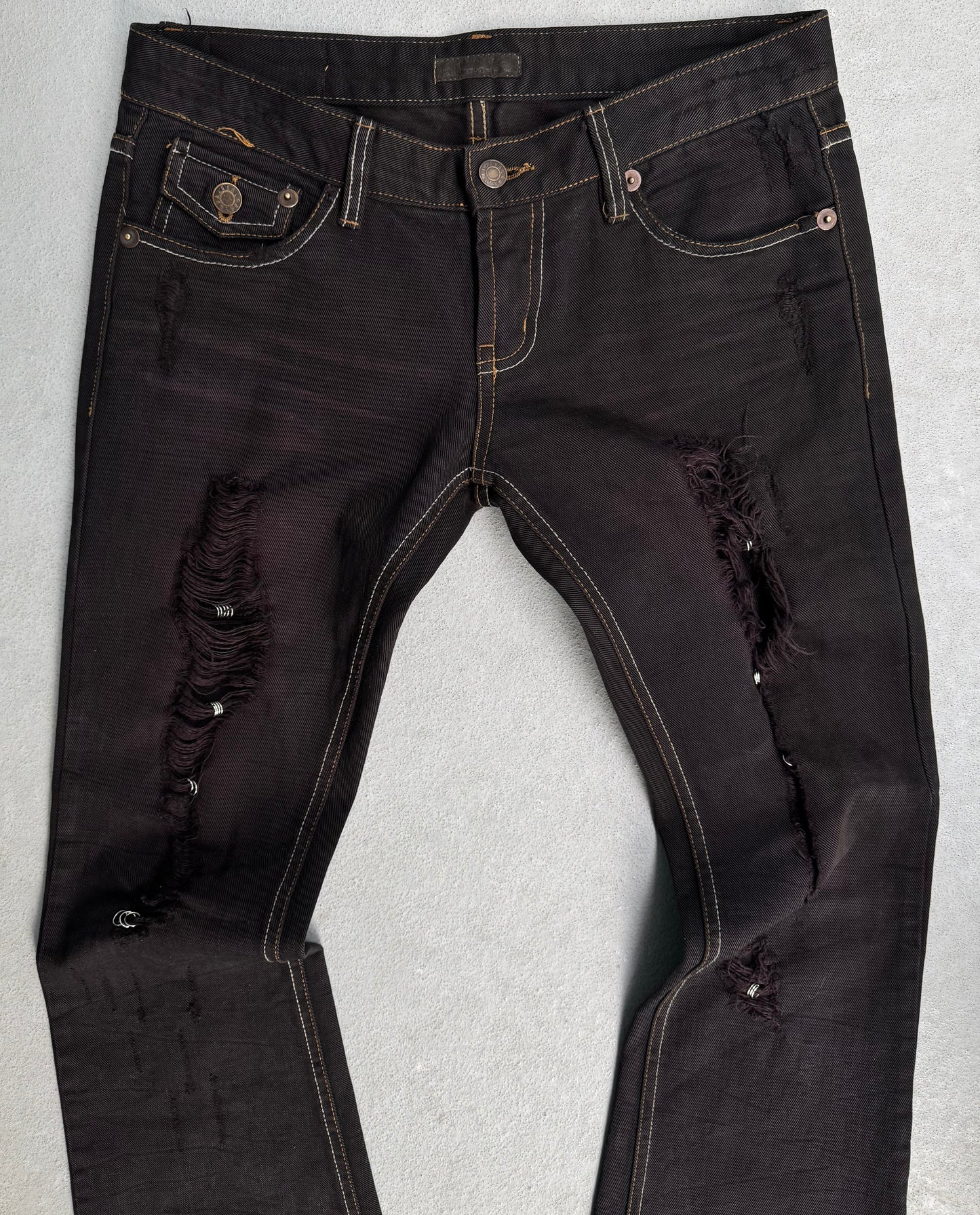 G.O.A Early 00s Garment-dyed Blown-out ‘Piercings’ Flare Denim