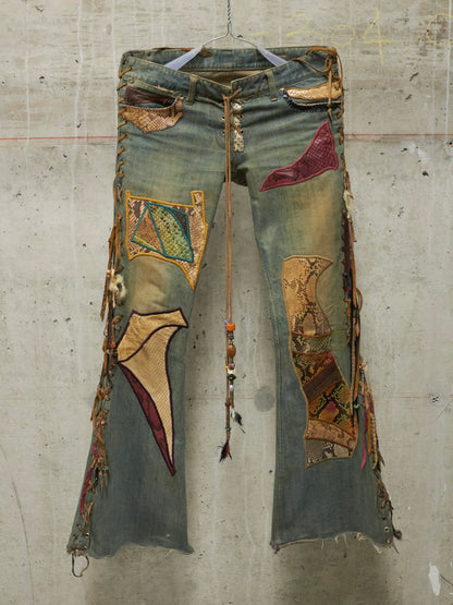 IfSixWasNine Early 00s 'NO. C/MEXICAN/DX' Snakeskin Leather Patchwork Corset Bell-Bottom Flare Denim