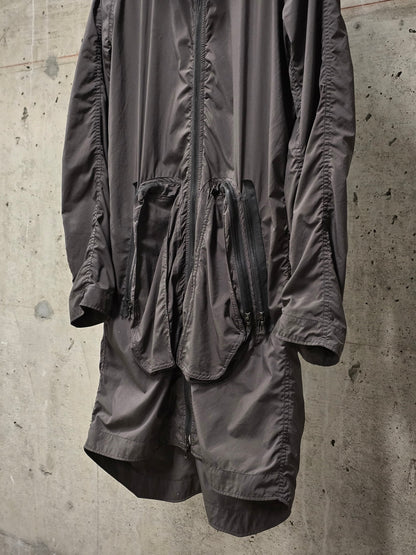 Julius_7 SS08 “Insanity In Industrial Inc.” Grey Hooded Poly Dual Zip Cargo Jacket