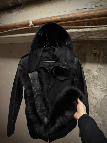 Isamu Katayama "BACKLASH" ballet by Isamu Katayama "BACKLASH" Fox Fur Hooded Hybrid Cow Leather Sleev detail | DRIEW GARMENTS