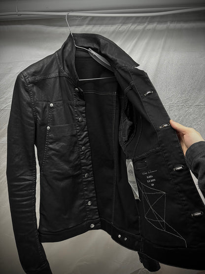 Rick Owens SS19 "BABEL" BLACK WAX Paneled Denim Trucker Jacket detail | DRIEW GARMENTS
