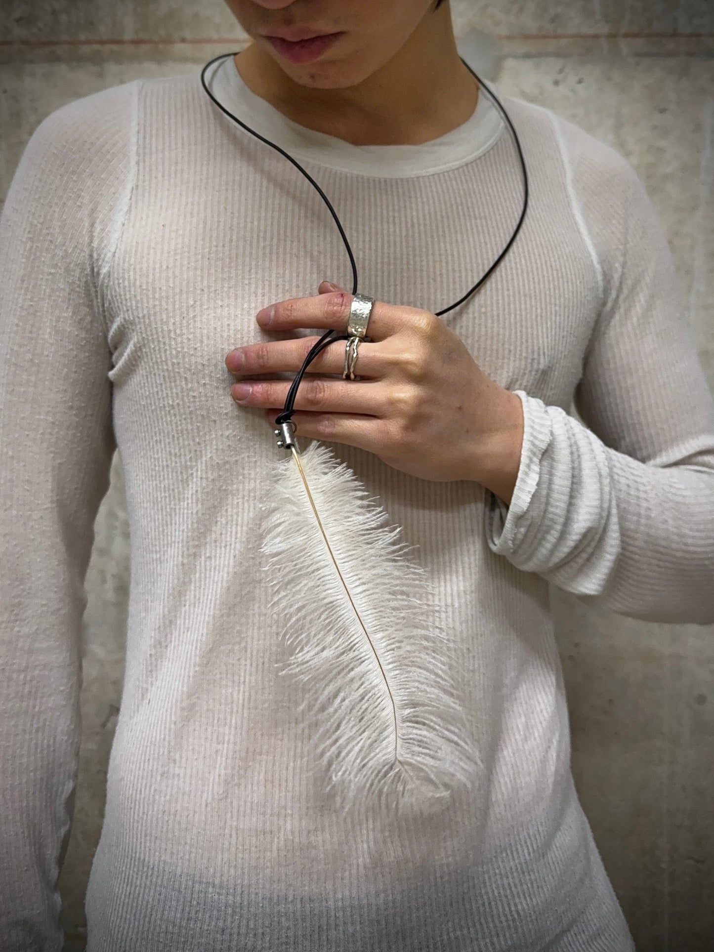 Ann Demeulemeester White Ostrich Feather Leather Cord Necklace