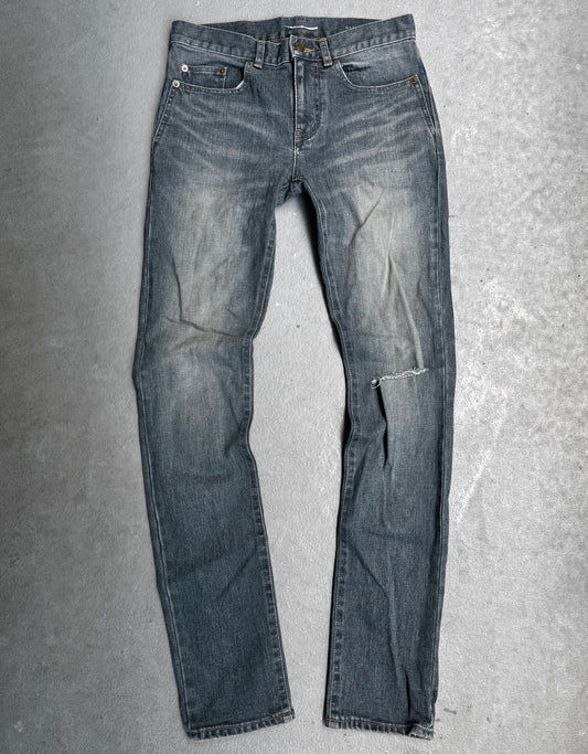Saint Laurent Paris AW17 Blue “D02” One Knee Slit Skinny Denim
