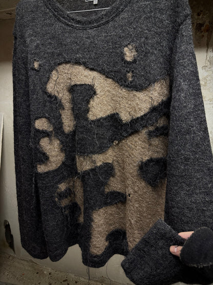 Yohji Yamamoto POUR HOMME AW04 'Burnt' Distressed Alpaca Knit Sweater detail | DRIEW GARMENTS