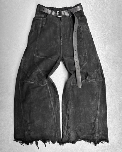 Julius_7 AW24-25 “rift;” Distressed Waxed 10oz Wide-Leg Denim