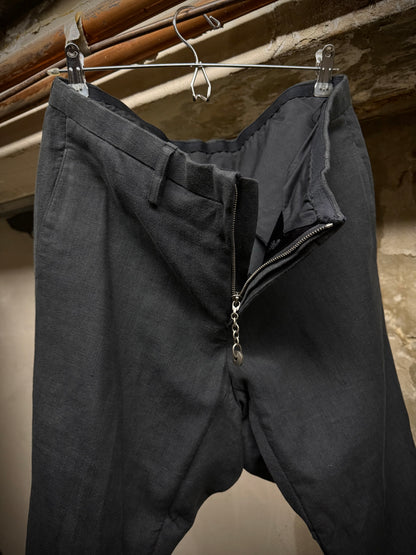 DEVOA SS24 Charcoal Grey Cotton Linen Twisted J-Cut Pants detail | DRIEW GARMENTS