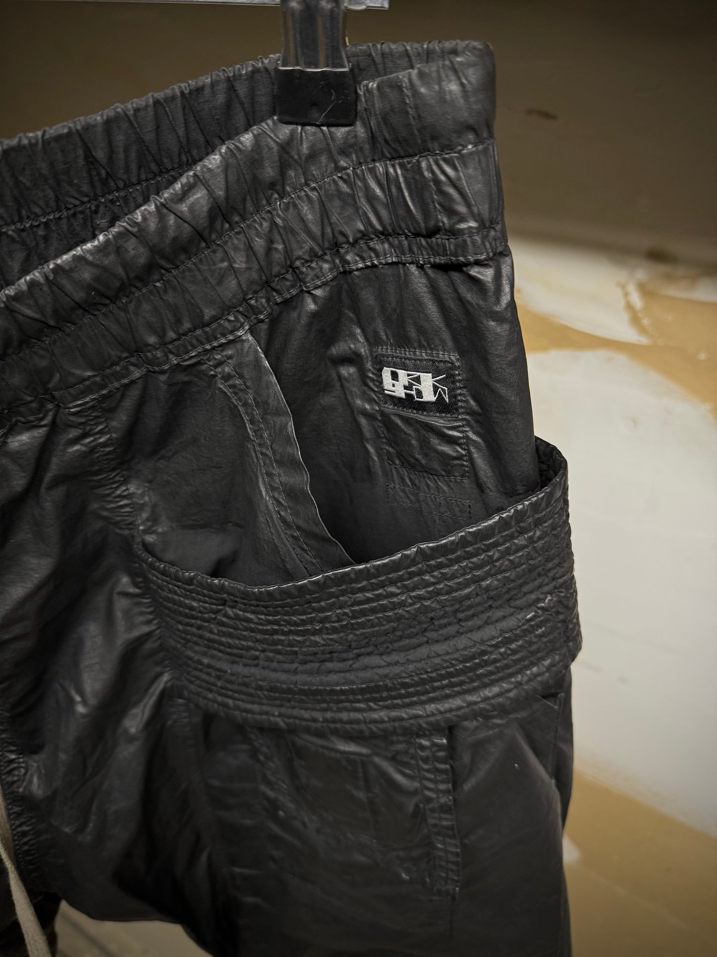 Rick Owens DRKSHDW SS21 "PHLEGETHON " Waxed Creatch Cargo Carpis Pants detail | DRIEW GARMENTS