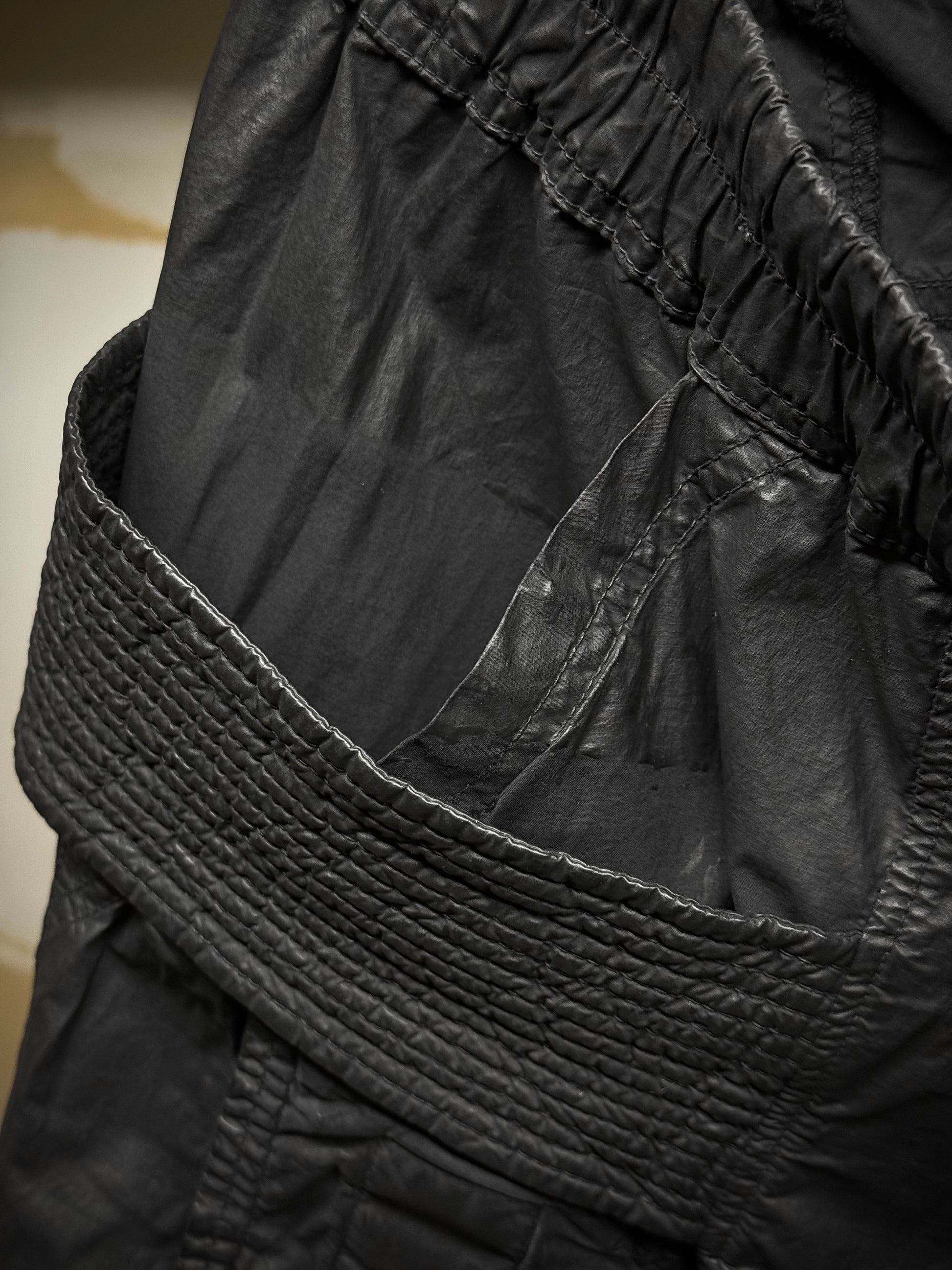 Rick Owens DRKSHDW SS21 "PHLEGETHON " Waxed Creatch Cargo Carpis Pants detail | DRIEW GARMENTS