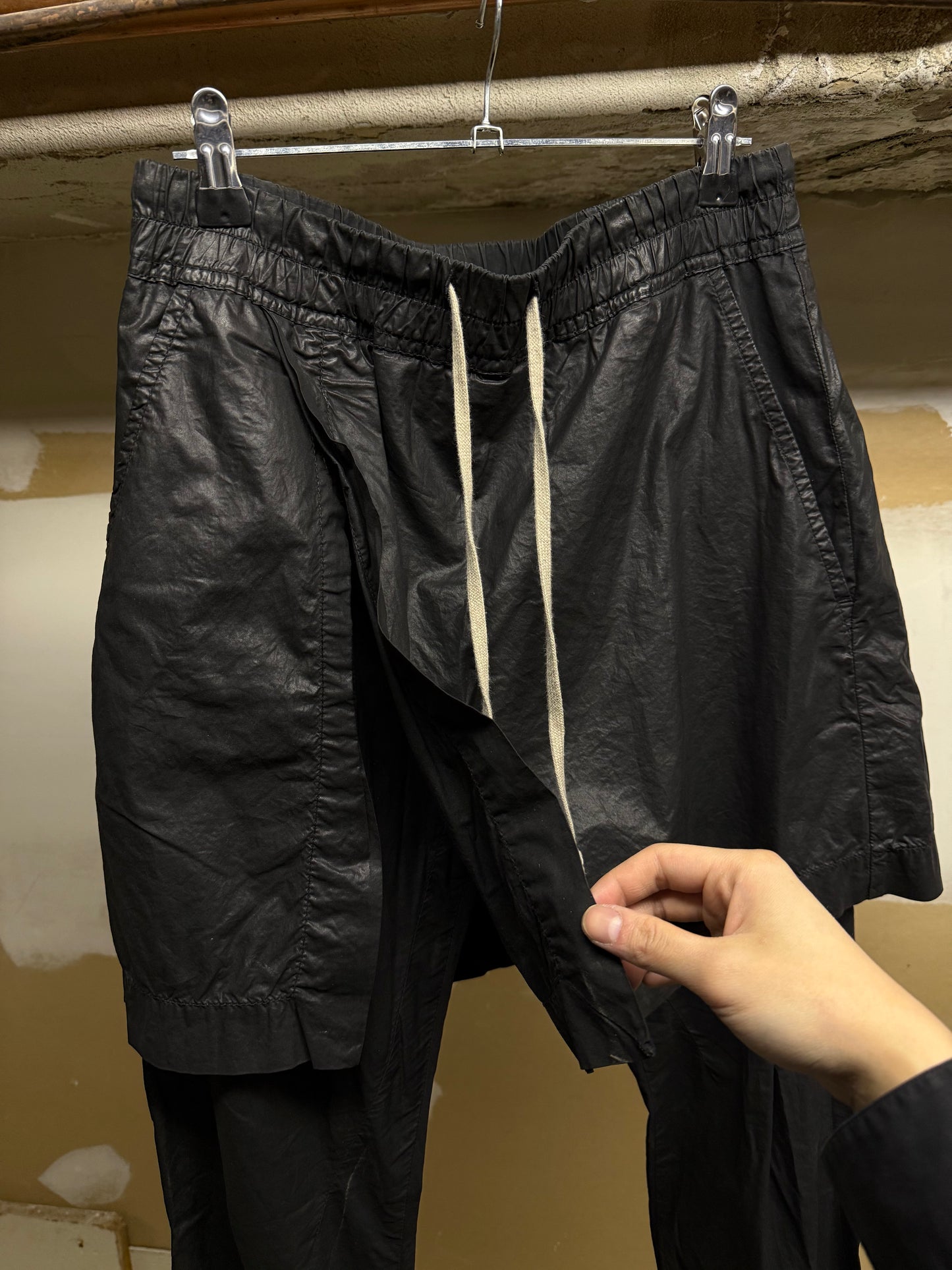 Rick Owens DRKSHDW SS08 "CREATCH" Waxed Gladiator Kilt Layer Pants detail | DRIEW GARMENTS