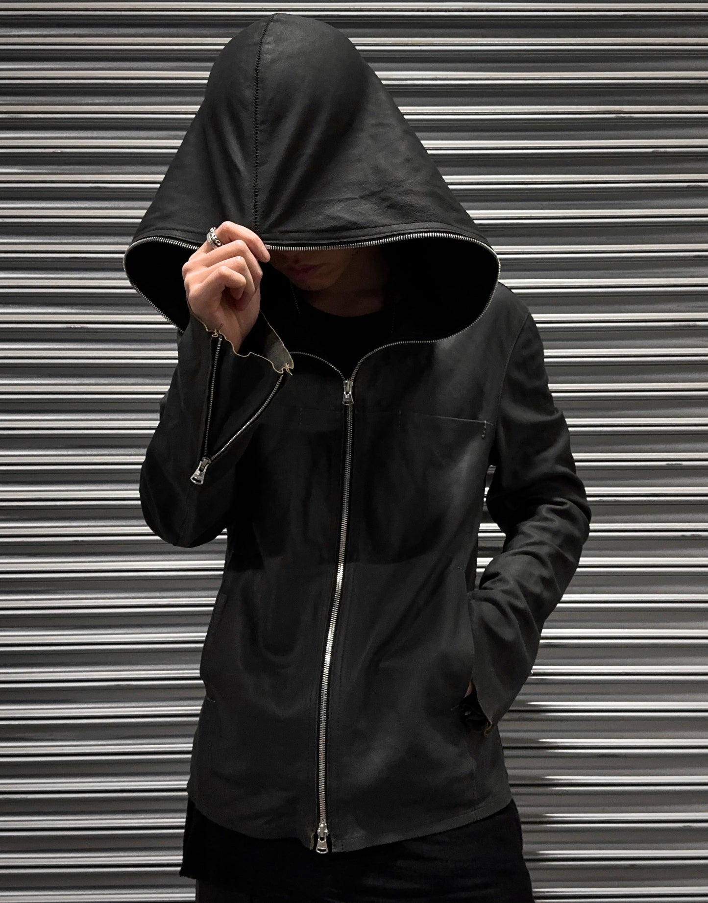 Isamu Katayama "BACKLASH" Unlined Overlock Hooded 'Gimp' Zip Goat Leather Jacket