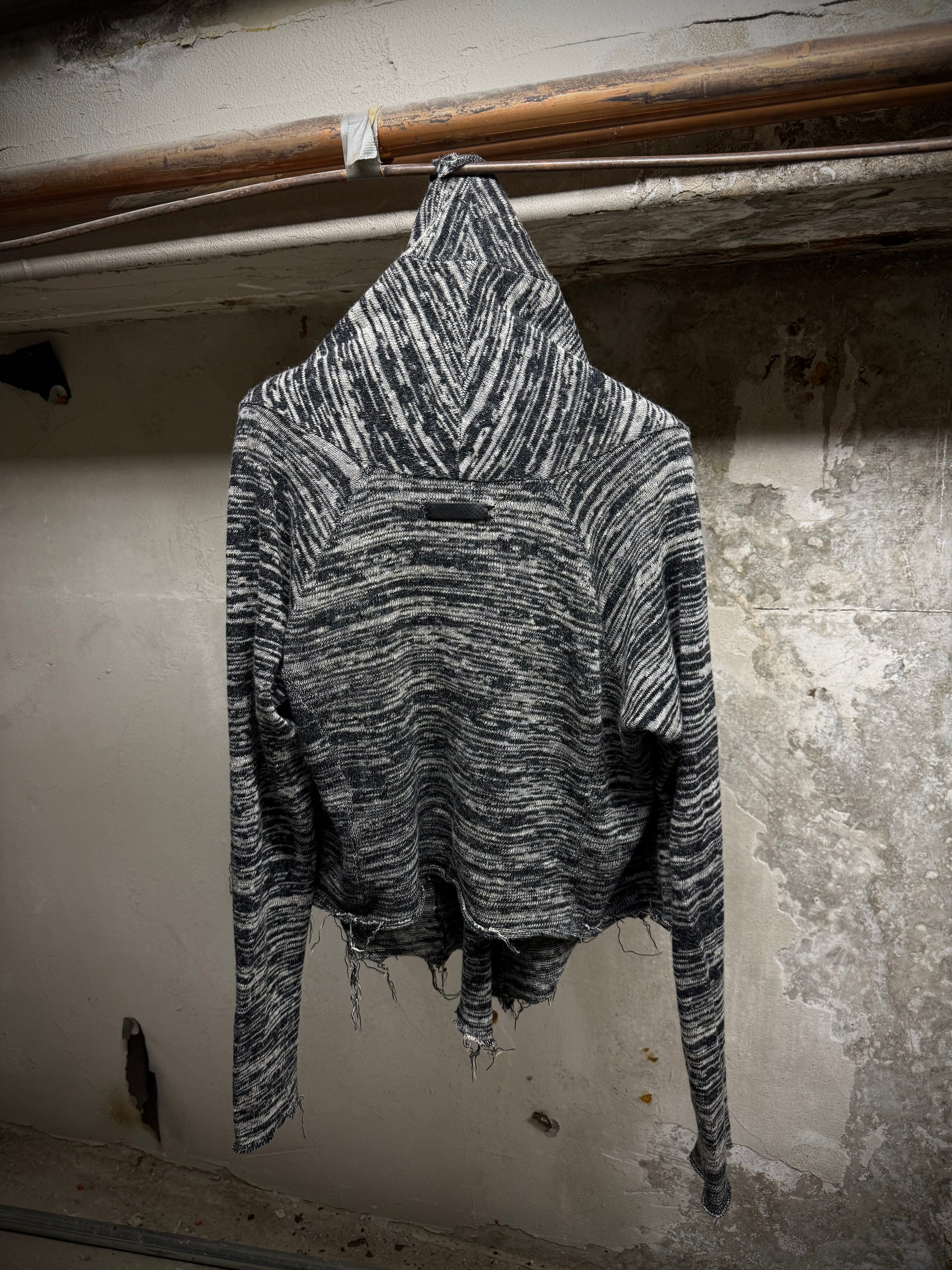 IfSixWasNine Early 00s 'NO. CARDI-1/SHT/M 902NOIH' Distressed Zebra Stripe Open Knit Cardigan detail | DRIEW GARMENTS