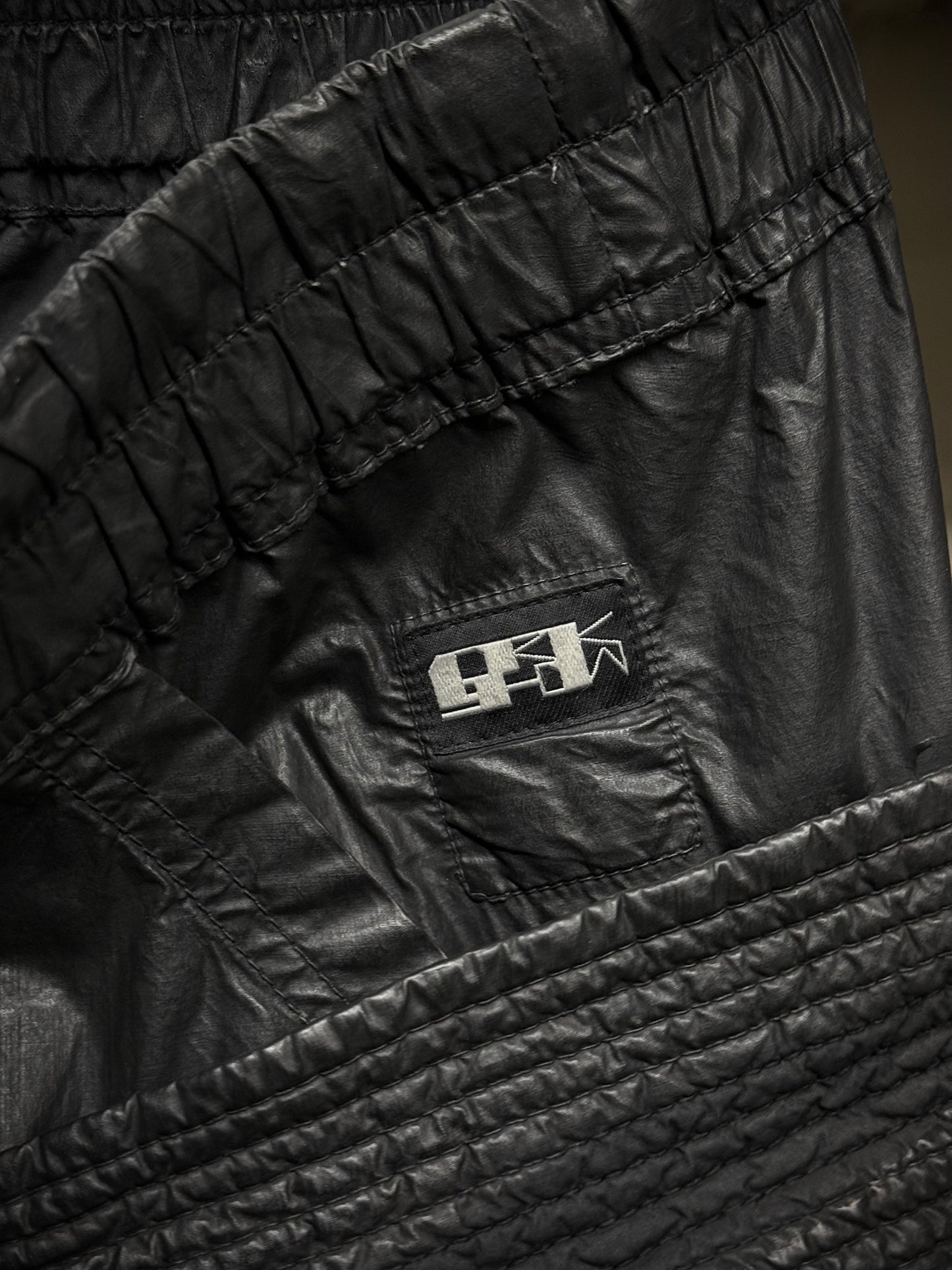 Rick Owens DRKSHDW SS21 "PHLEGETHON " Waxed Creatch Cargo Carpis Pants detail | DRIEW GARMENTS