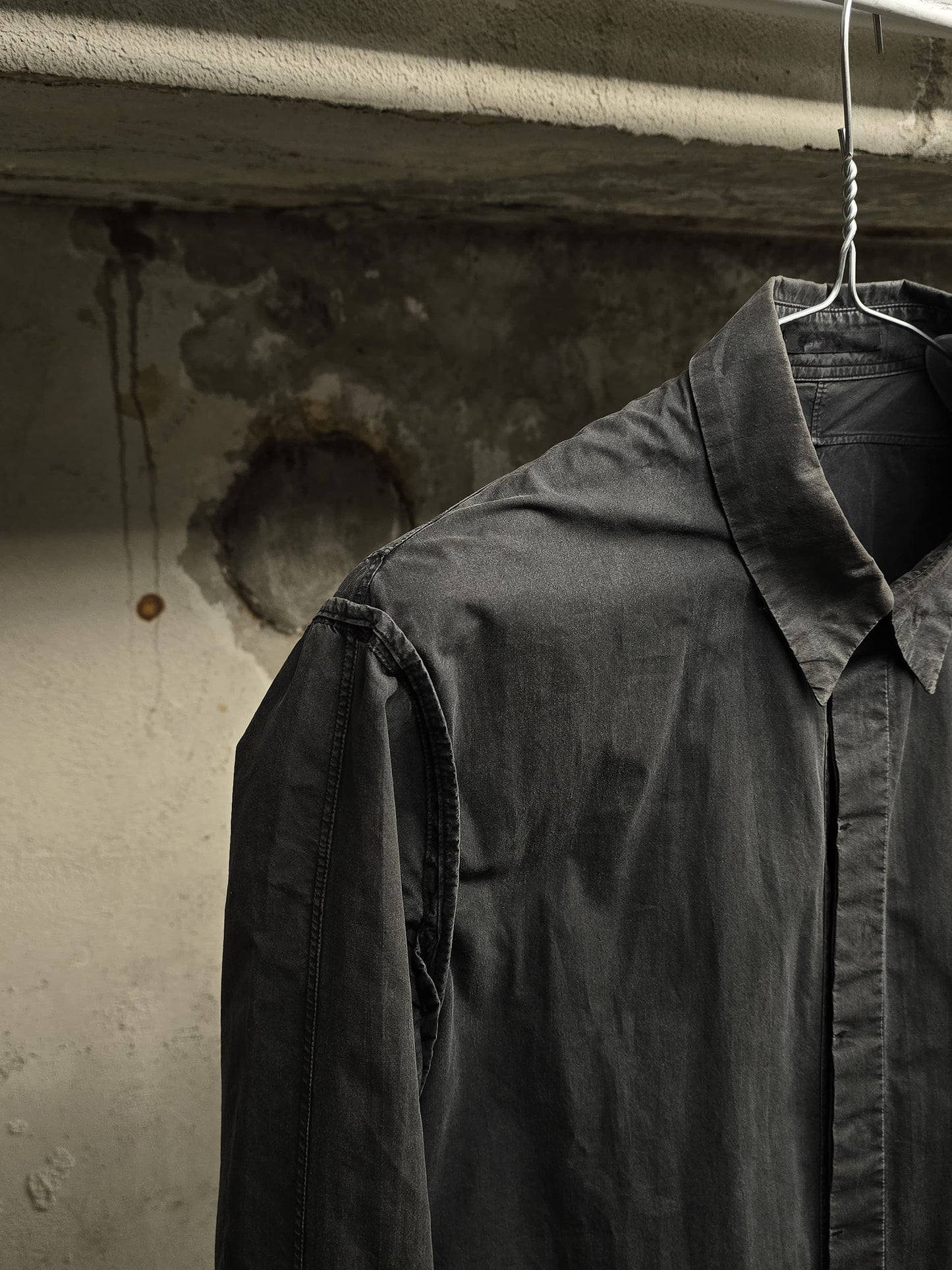 The Viridi-Anne Washed Charcoal Grey Pleated Button-Up Shirt detail | DRIEW GARMENTS