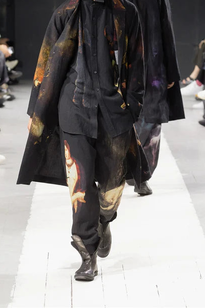 Yohji Yamamoto POUR HOMME SS24 "The Nightmare" Renaissance Print Linen Pants detail | DRIEW GARMENTS