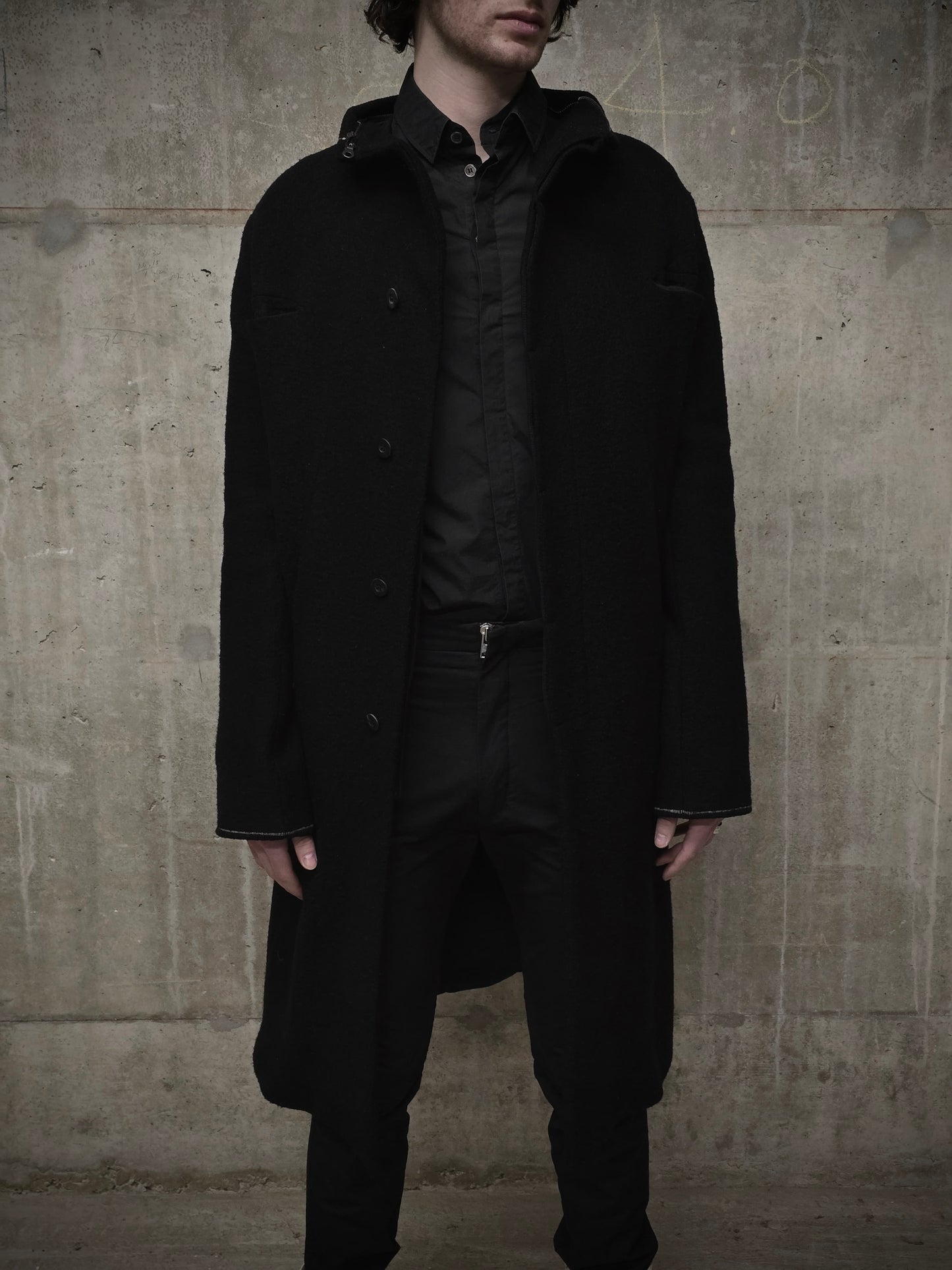 Lost and Found Ria Dunn Lost & Found by Ria Dunn 2010s Removable Hooded Boiled Wool Crepe Coat detail | DRIEW GARMENTS