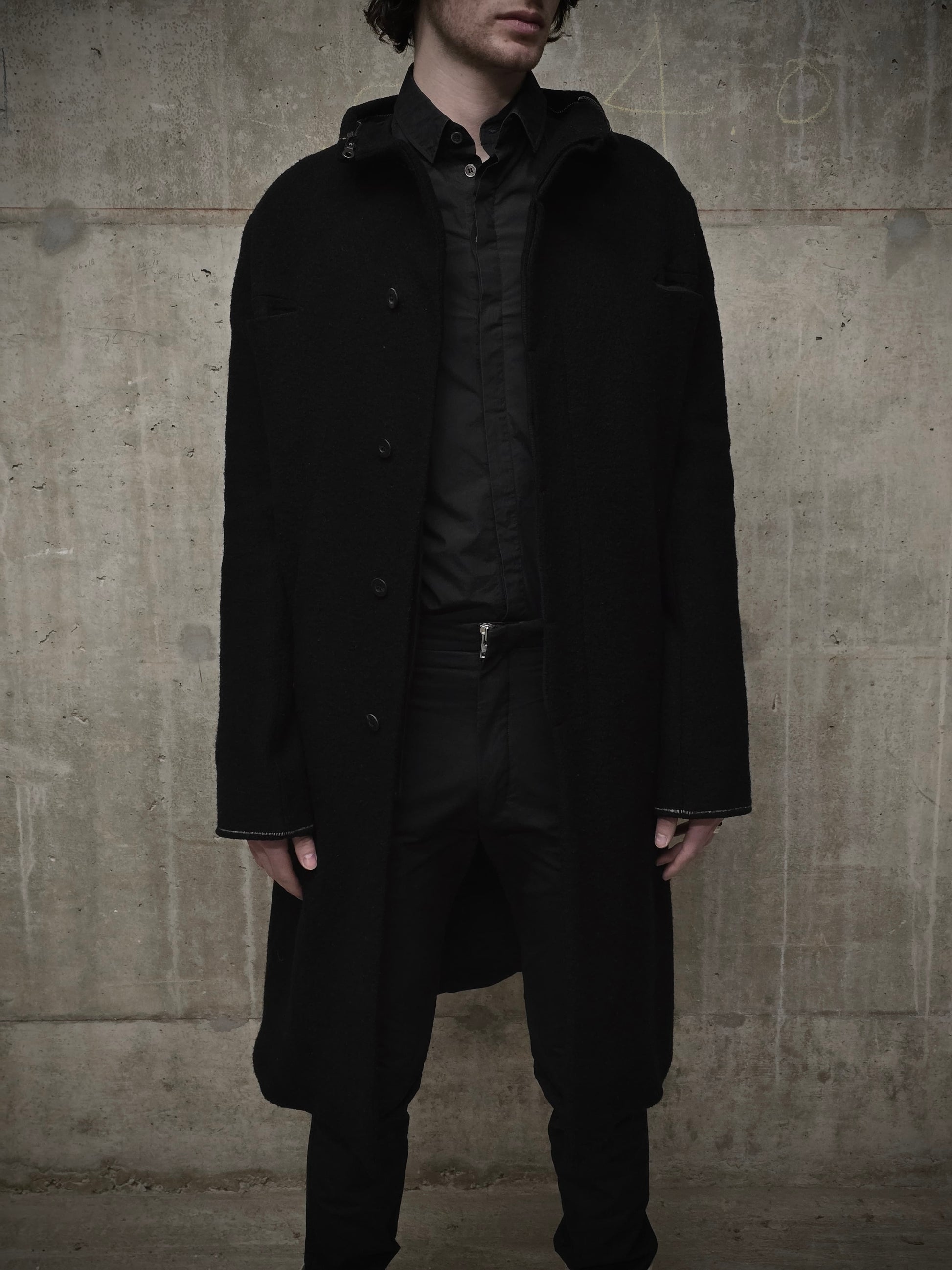 Lost and Found Ria Dunn Lost & Found by Ria Dunn 2010s Removable Hooded Boiled Wool Crepe Coat detail | DRIEW GARMENTS
