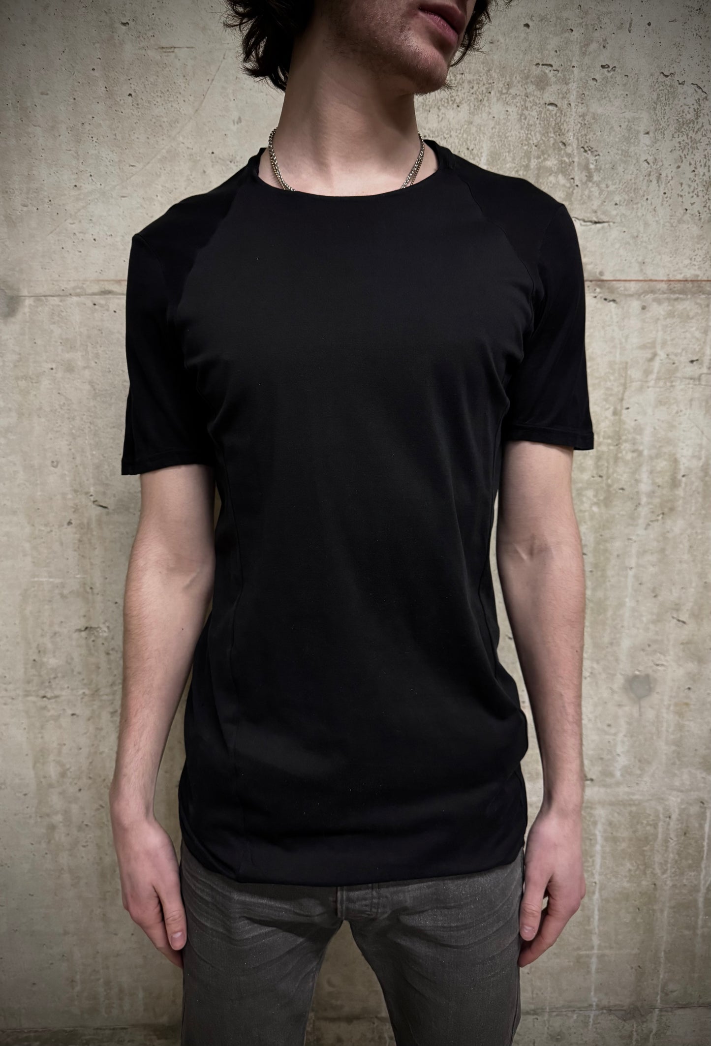 DEVOA Rolled Neck Blistered Leather Back Seam Panel T-shirt detail | DRIEW GARMENTS