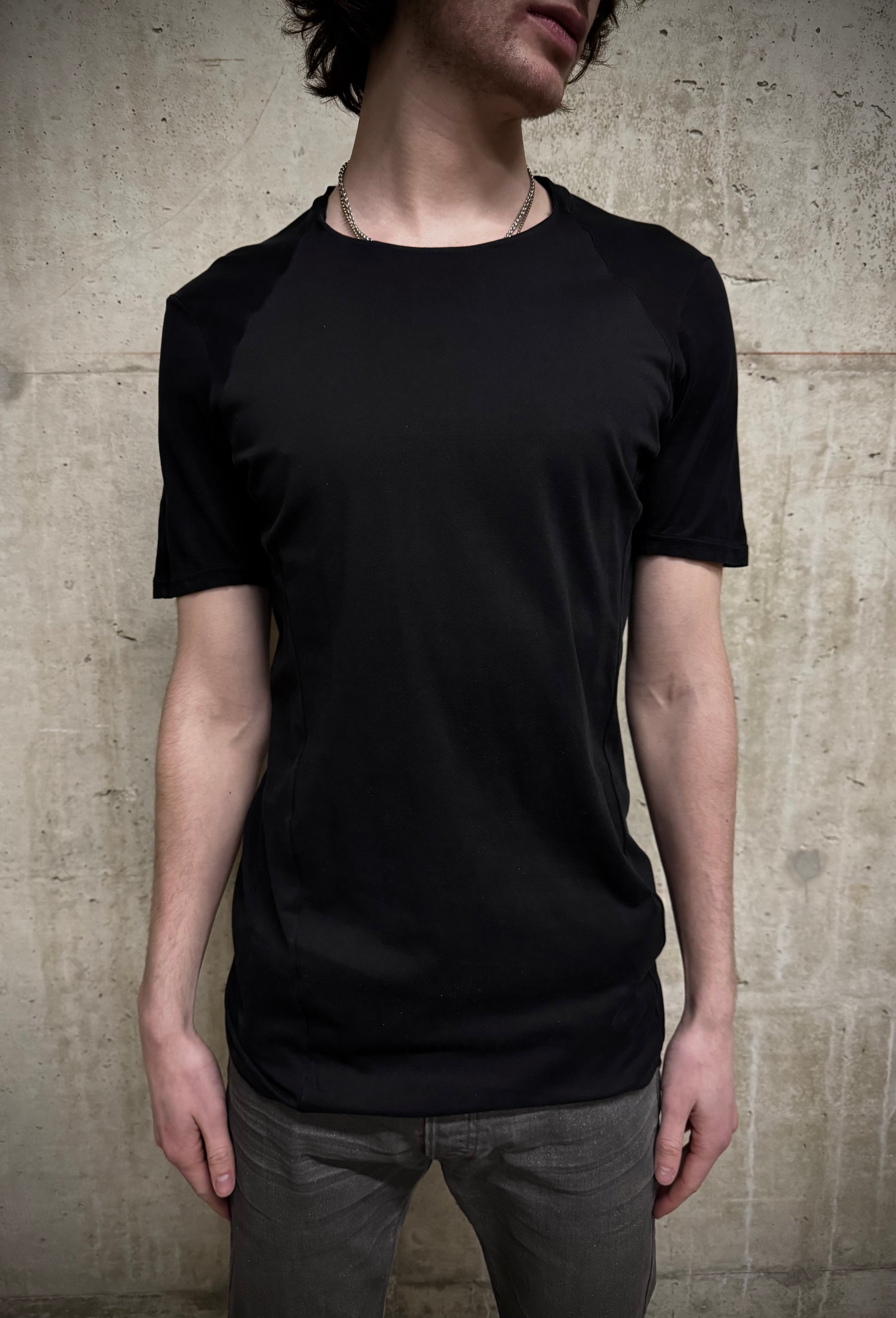 DEVOA Rolled Neck Blistered Leather Back Seam Panel T-shirt detail | DRIEW GARMENTS