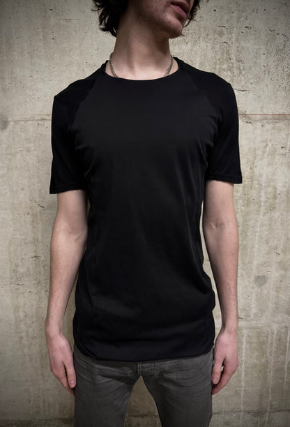 DEVOA Rolled Neck Blistered Leather Back Seam Panel T-shirt detail | DRIEW GARMENTS