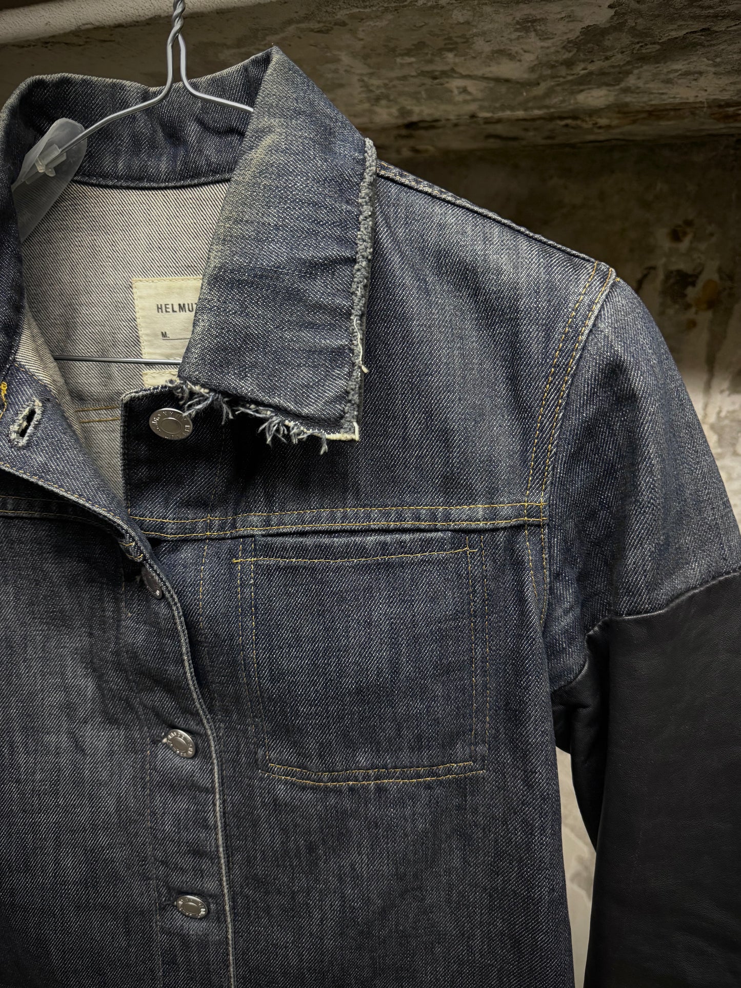 Helmut Lang SS03 Hybrid Lamb Leather Sleeve Raw Denim Jacket