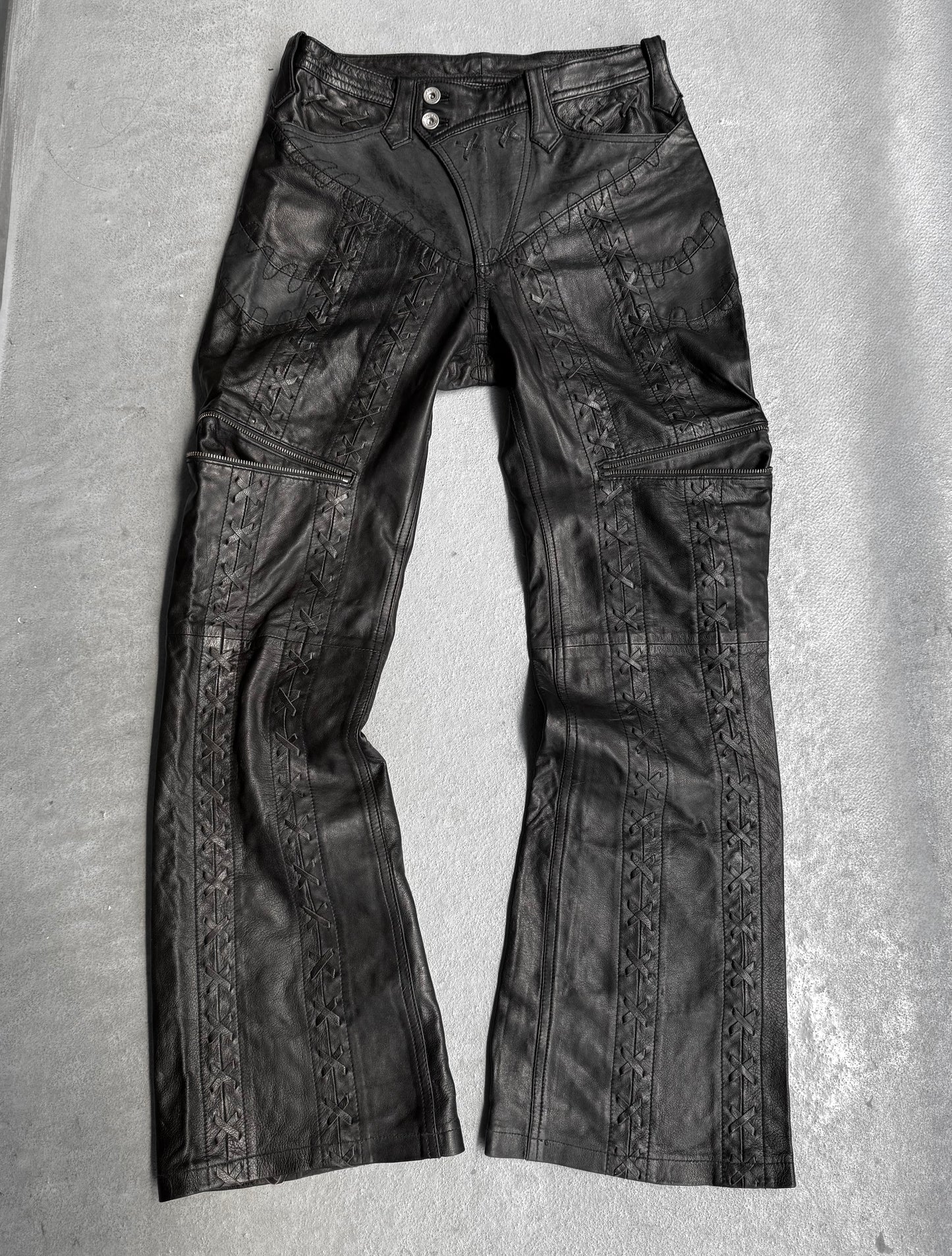 Yasuyuki Ishii Early 00s Cross Studded Lace-up Flare Leather Pants