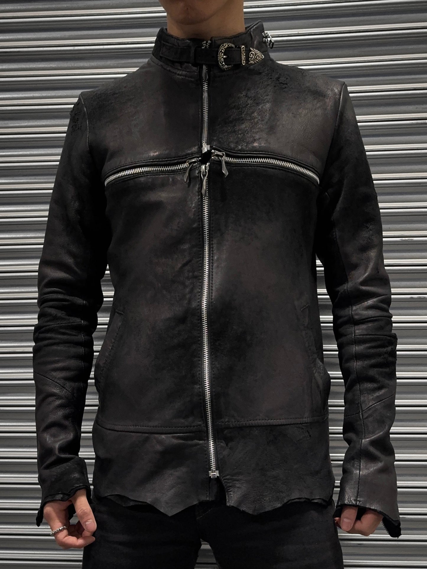 14thAddiction Distressed Sheepskin Leather Cross-zip Jacket