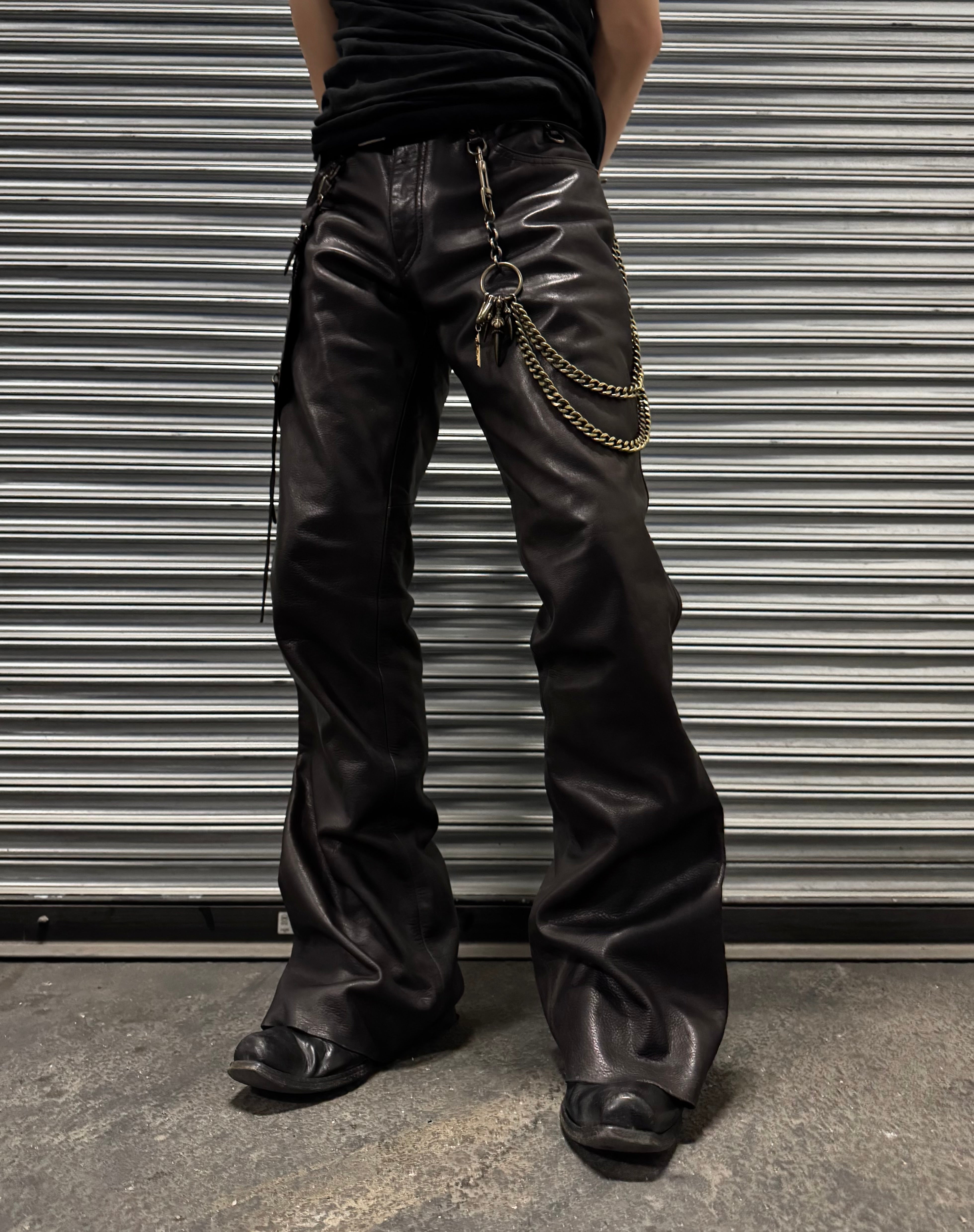 芸能人愛用 Early Obelisk 00s Flare Leather Cow Garment-dyed Brown パンツ