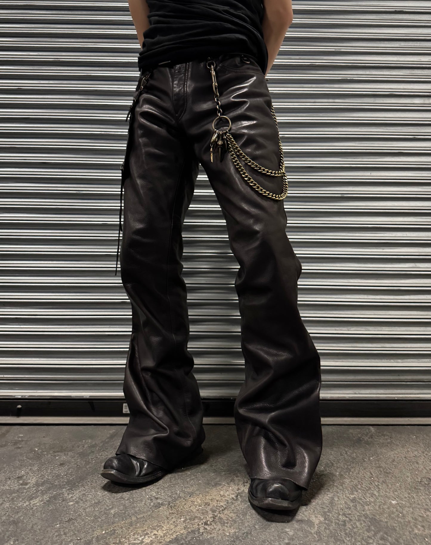 Obelisk Early 00s Brown Garment-dyed Cow Leather Flare Holster Pants