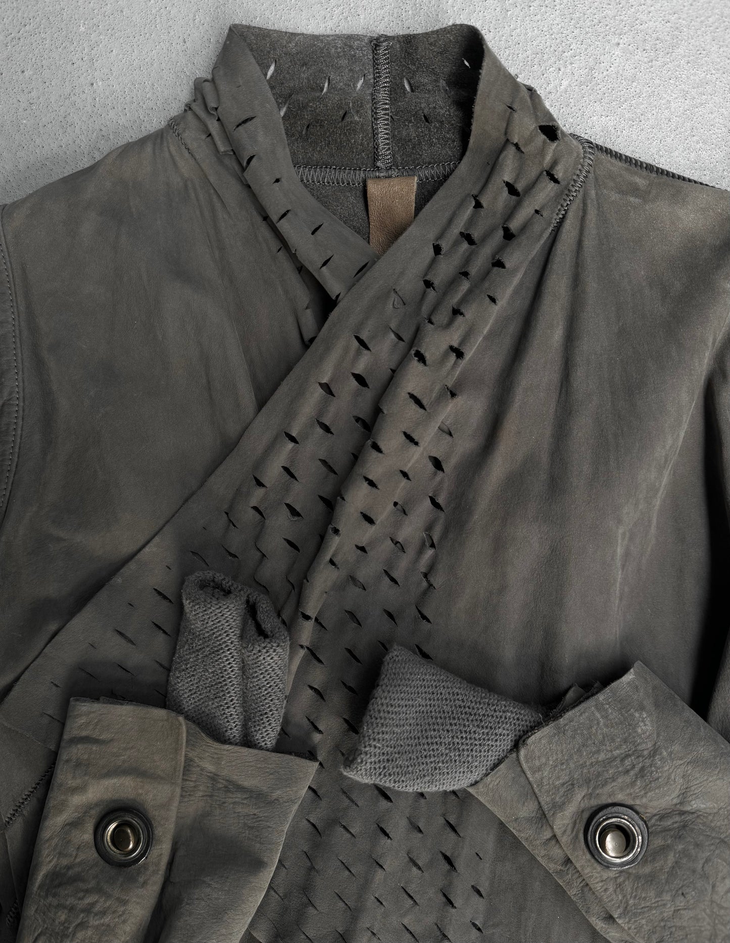 Isaac Sellam: “Experience” Open-front Laser Cut Calfskin Leather Cardigan