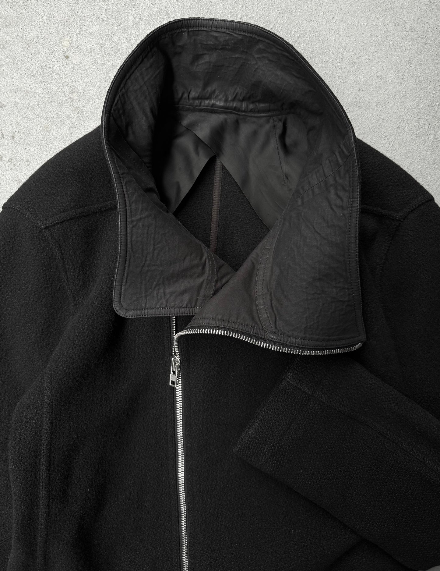 Rick Owens AW15 "SPHINX" Mollino Asymmetrical Front Zip Heavy Wool Coat detail | DRIEW GARMENTS