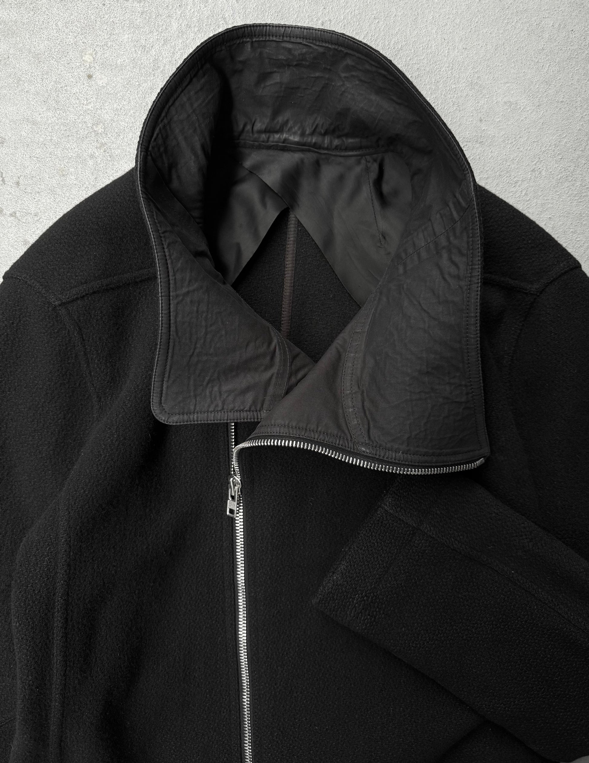 Rick Owens AW15 "SPHINX" Mollino Asymmetrical Front Zip Heavy Wool Coat detail | DRIEW GARMENTS
