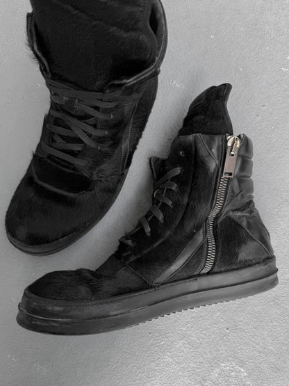 Rick Owens AW13 "PLINTH" Black Pony Hair Leather Geobasket Sneakers