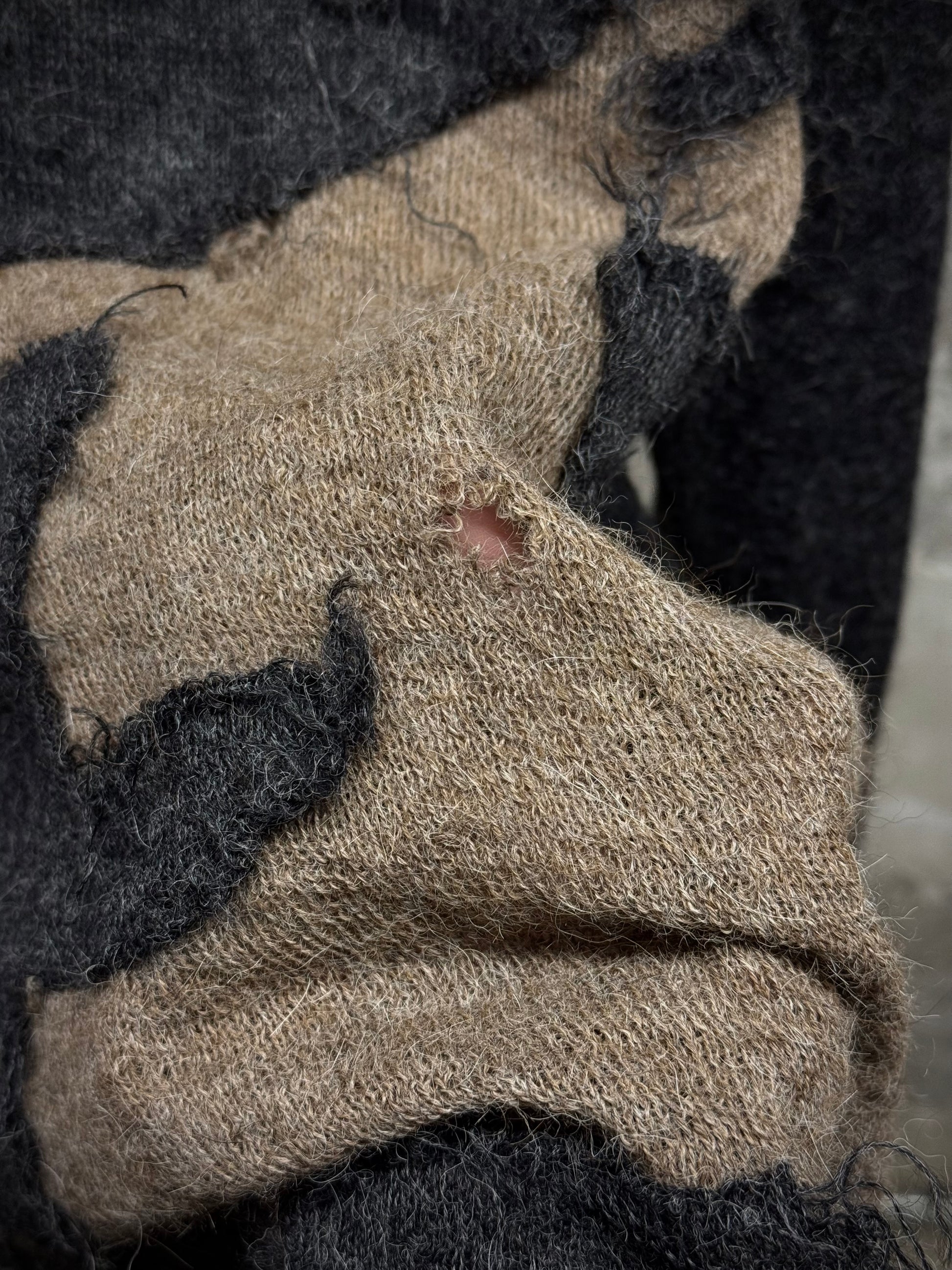 Yohji Yamamoto POUR HOMME AW04 'Burnt' Distressed Alpaca Knit Sweater detail | DRIEW GARMENTS