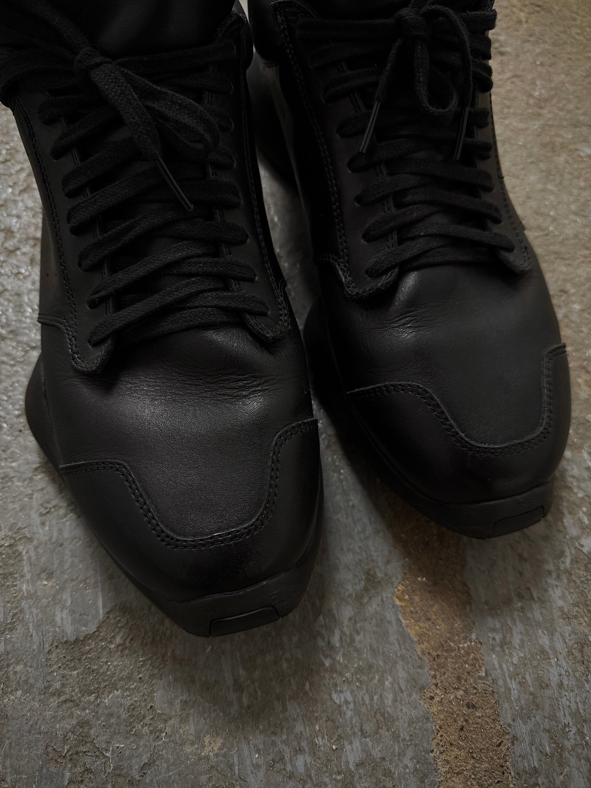 Rick Owens x Adidas SS14 “VICIOUS” 'RO RUNNER' Black Leather Sneakers detail | DRIEW GARMENTS