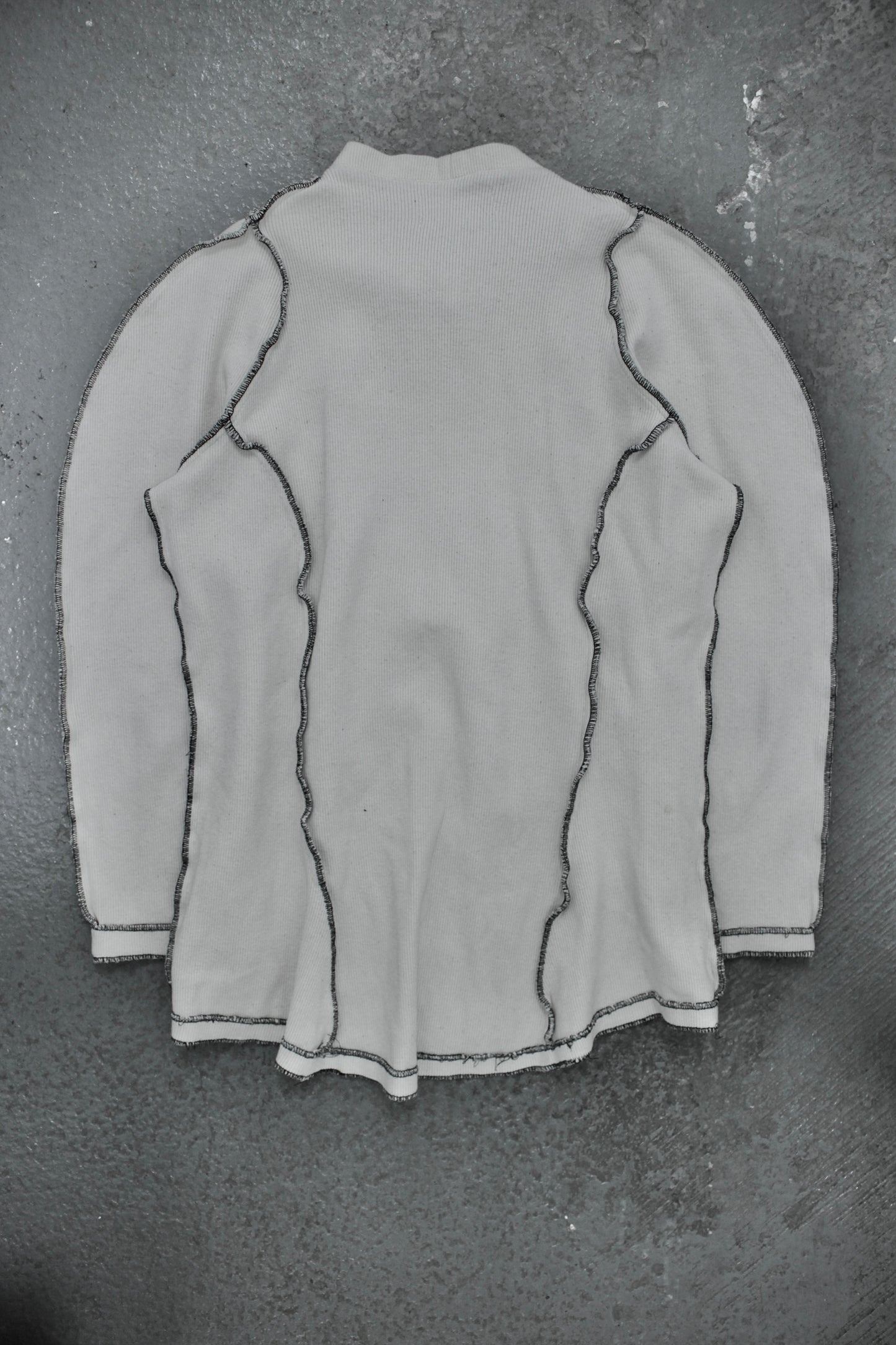 Christopher Nemeth Late 90s Exposed Overlock Stitch Ruched Rugby Cotton Long-sleeves detail | DRIEW GARMENTS