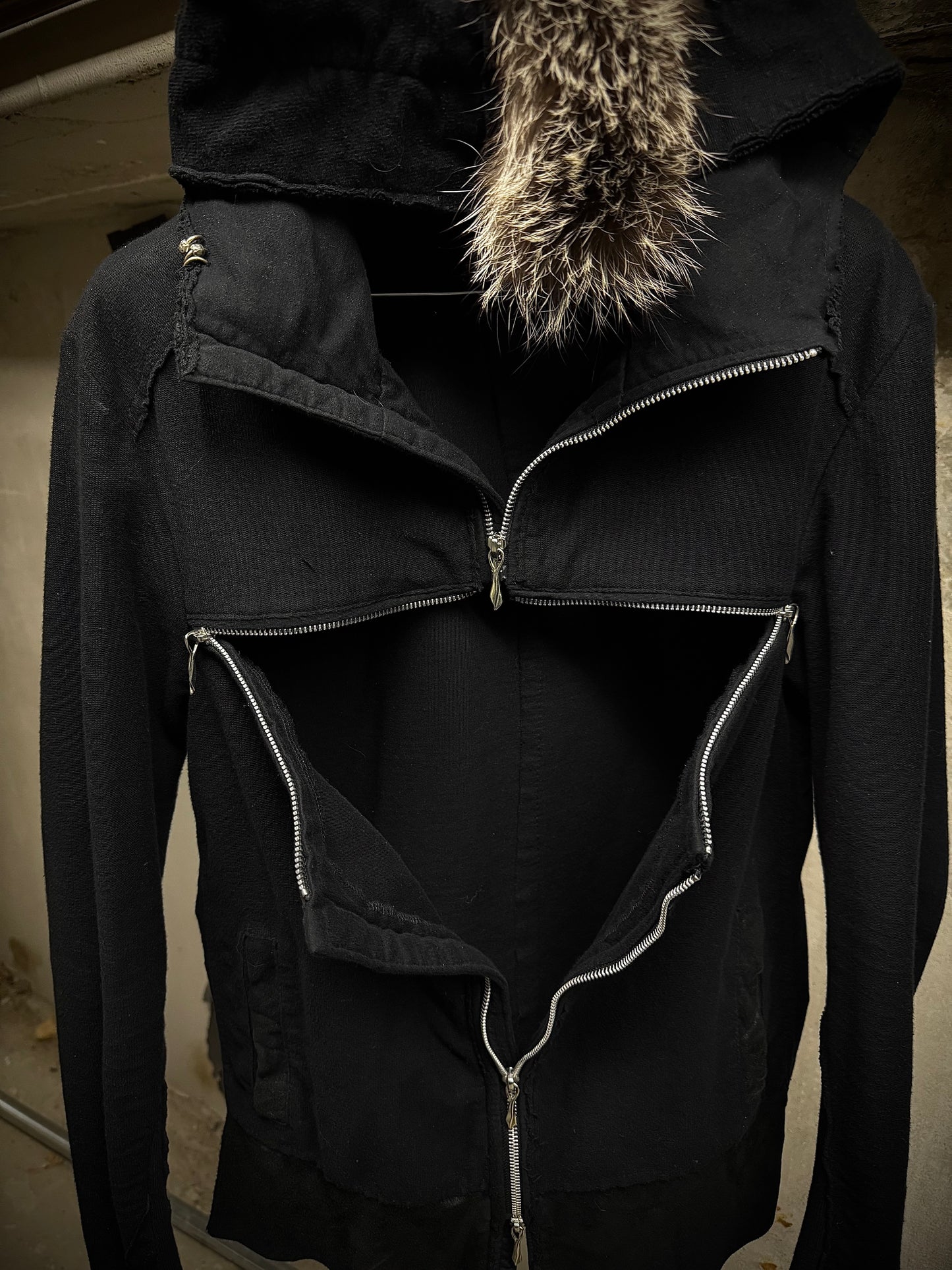 14thAddiction Mohawk Custom Distressed Sheepskin Leather Cross-zip Hoodie detail | DRIEW GARMENTS