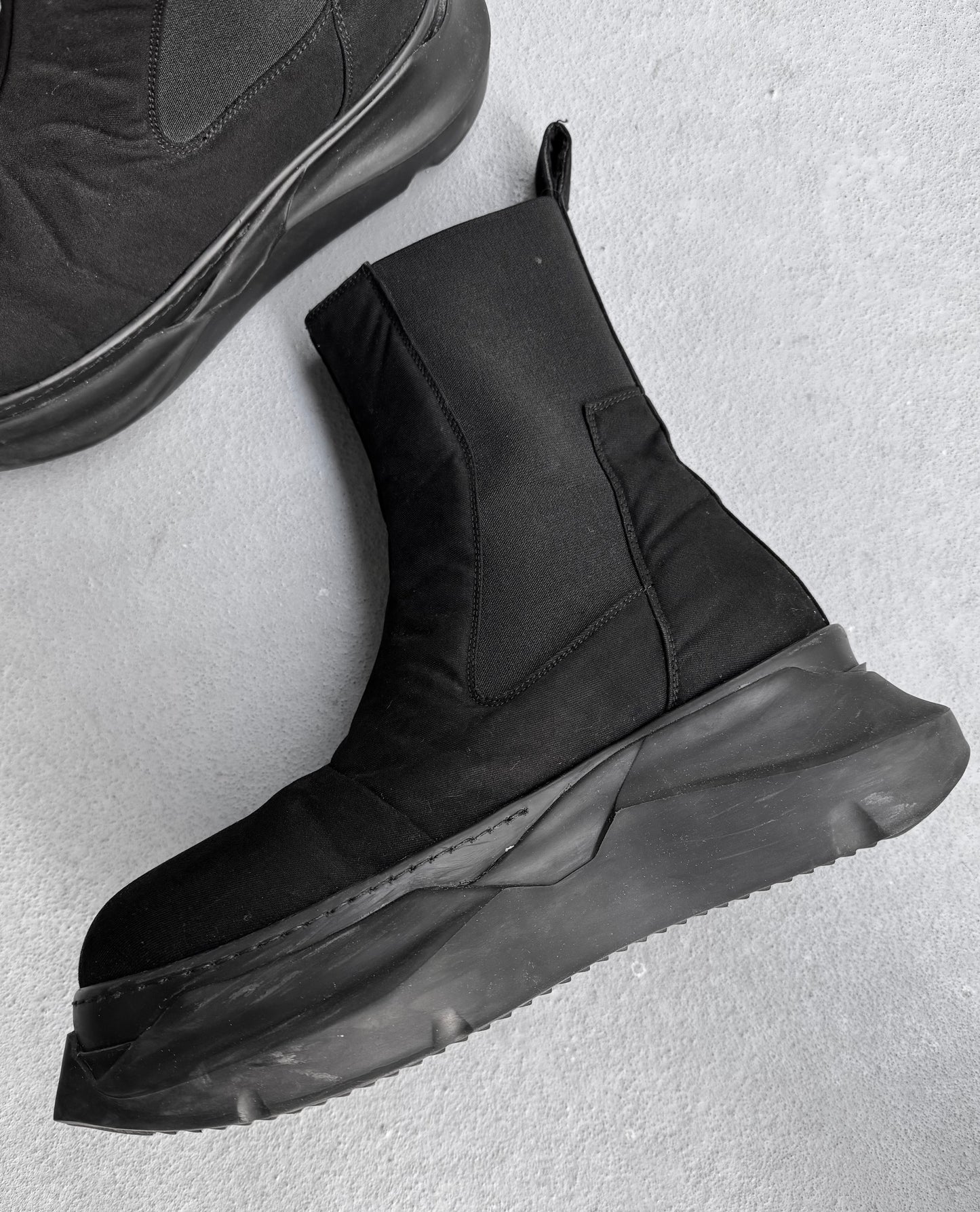 Rick Owens DRKSHDW AW21 Black Satin ‘Beetle’ Abstract Sole Boots