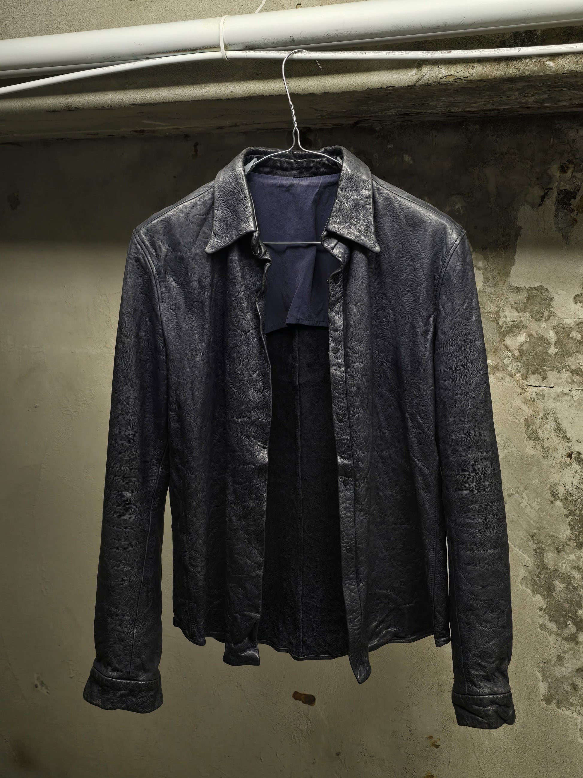 Carpe Diem 00s Object-dyed Indigo Washable Cowhide Leather Shirt detail | DRIEW GARMENTS