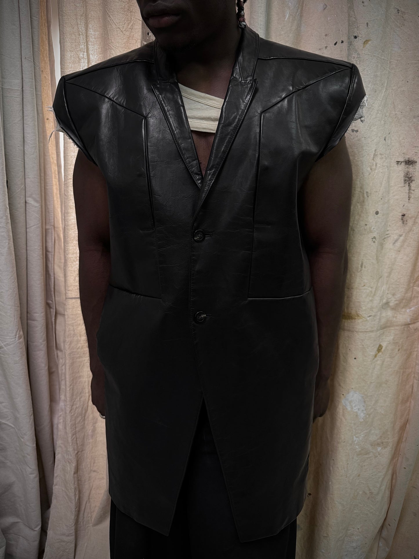Rick Owens SS22 "FOGACHINE" Jumbo Tatlin Sleeveless Calf Leather Blazer detail | DRIEW GARMENTS