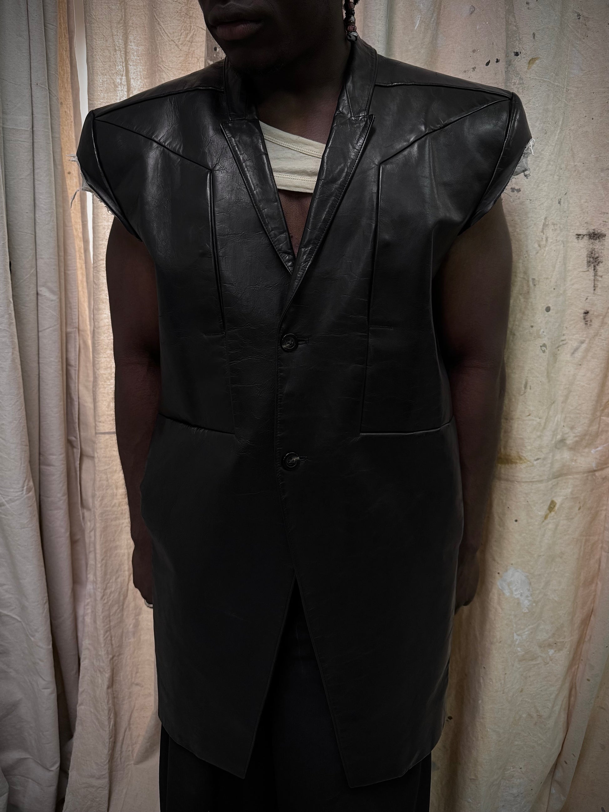 Rick Owens SS22 "FOGACHINE" Jumbo Tatlin Sleeveless Calf Leather Blazer detail | DRIEW GARMENTS