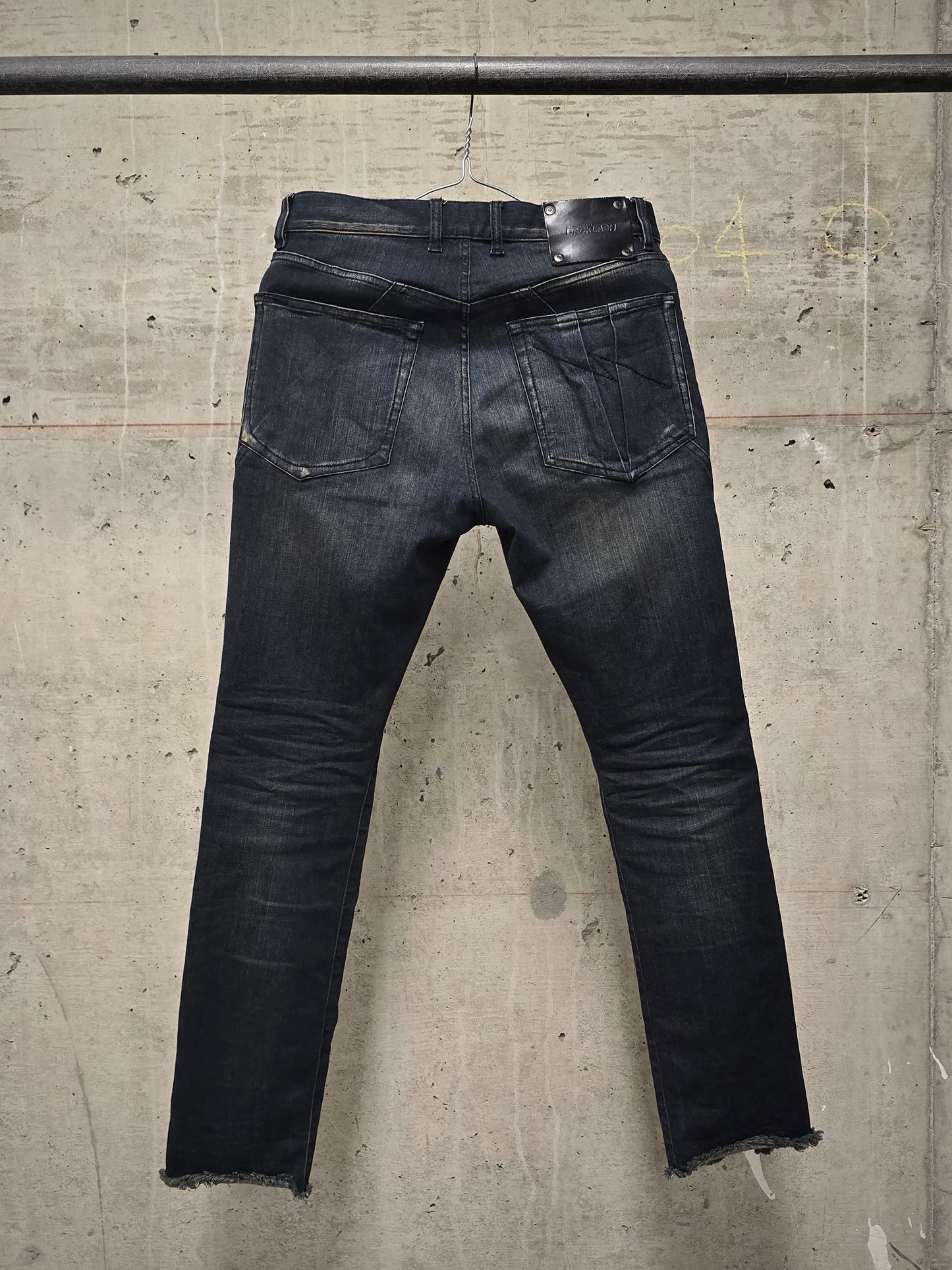 Isamu Katayama "BACKLASH" SS17 Dark Wash Indigo Frayed Split Hem Skinny Denim