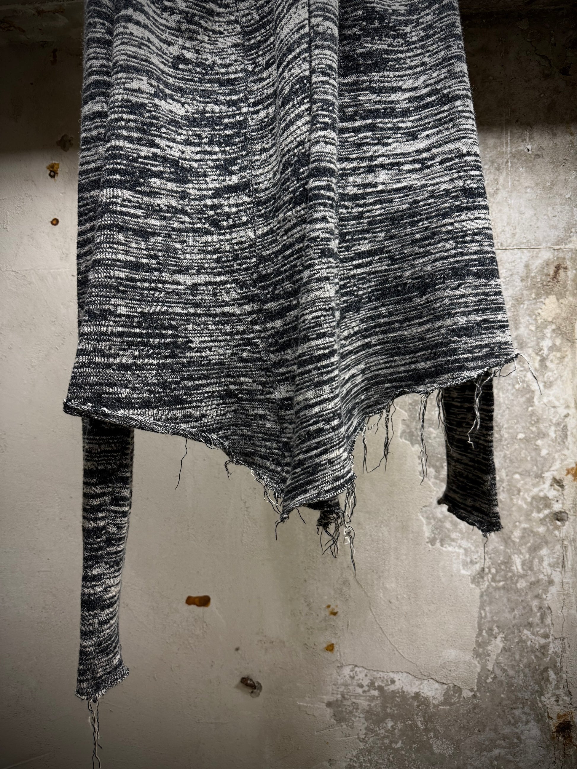 IfSixWasNine Early 00s 'NO. CARDI-1/SHT/M 902NOIH' Distressed Zebra Stripe Open Knit Cardigan detail | DRIEW GARMENTS