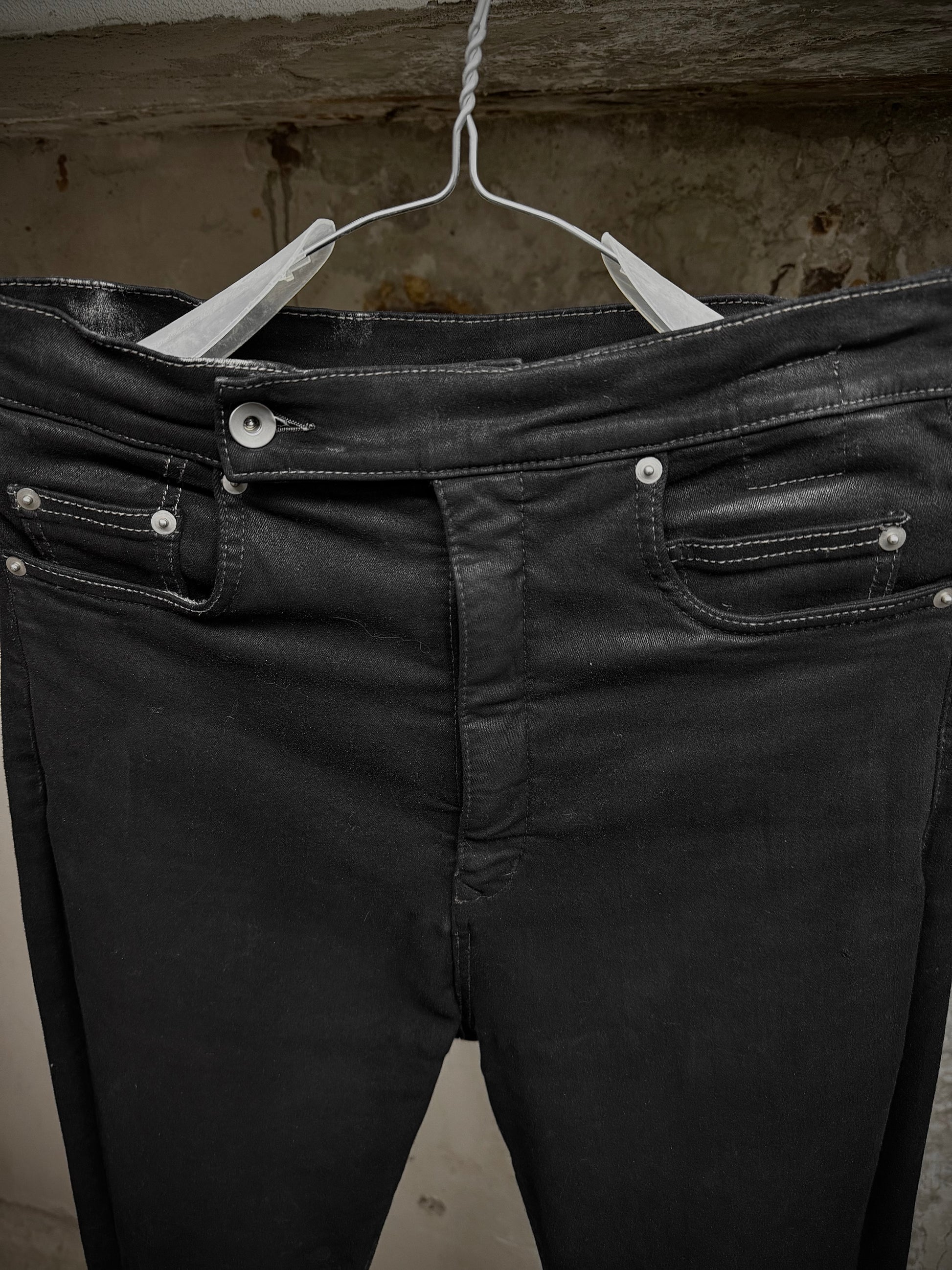 Rick Owens DRKSHDW AW21 "GETHSEMANE" 'BOLANS BOOTCUT' Waxed Flare Denim detail | DRIEW GARMENTS