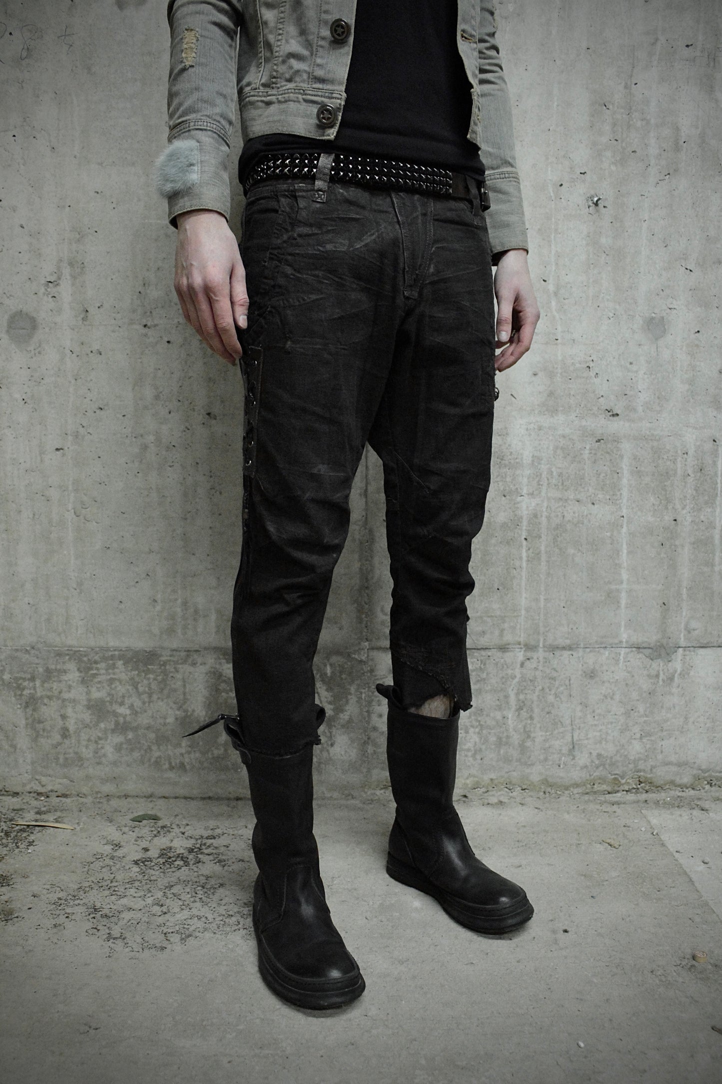 14thAddiction Early 00s Distressed Leather Patchwork Denim Capris