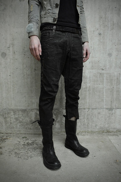 14thAddiction Early 00s Distressed Leather Patchwork Denim Capris
